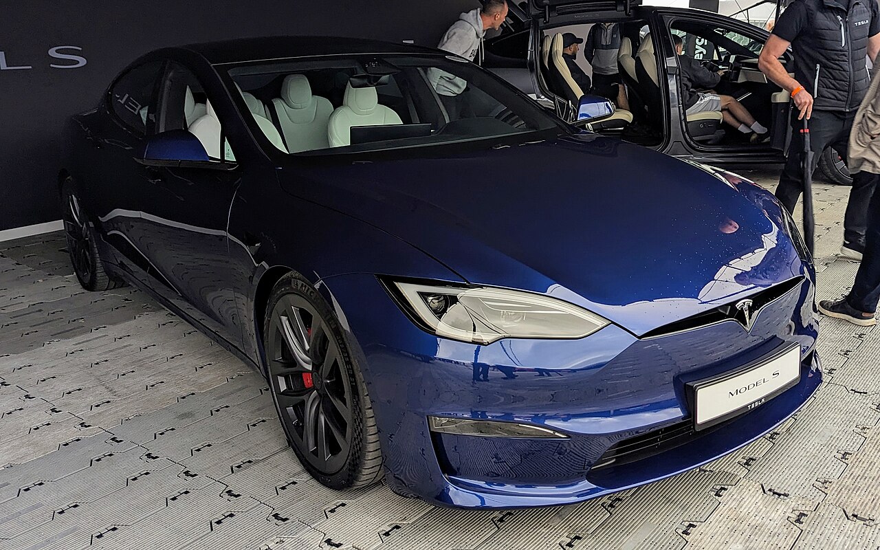 2023 Tesla Model S Plaid exterior showing front three-quarter view on asphalt