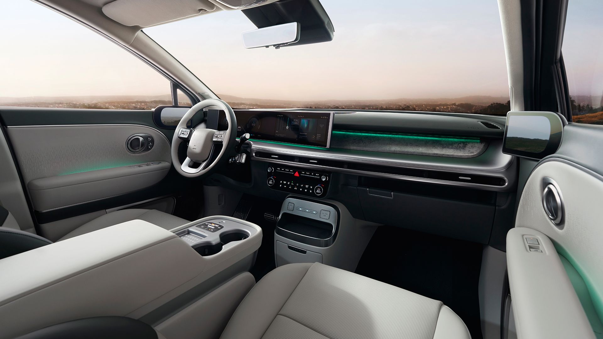 Official Hyundai IONIQ 9 interior image showing the dashboard, dual-screen layout, and center console
