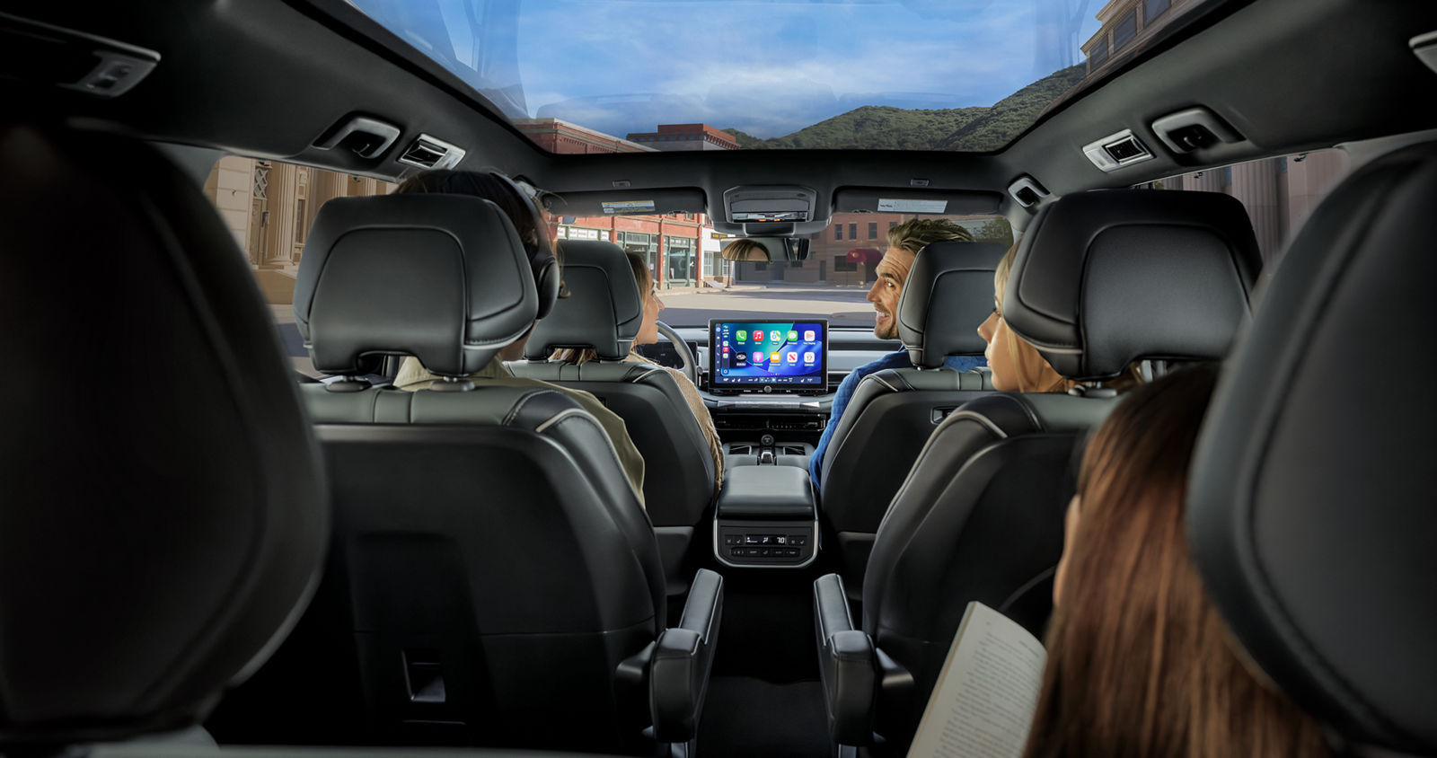 Official Subaru Getaway interior image showing the dashboard, front seats, and panoramic roof