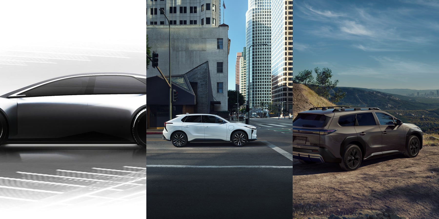 Toyota EV lineup composite showing a sporty compact Toyota EV concept, the 2026 Toyota bZ, and the 2026 Toyota bZ Woodland