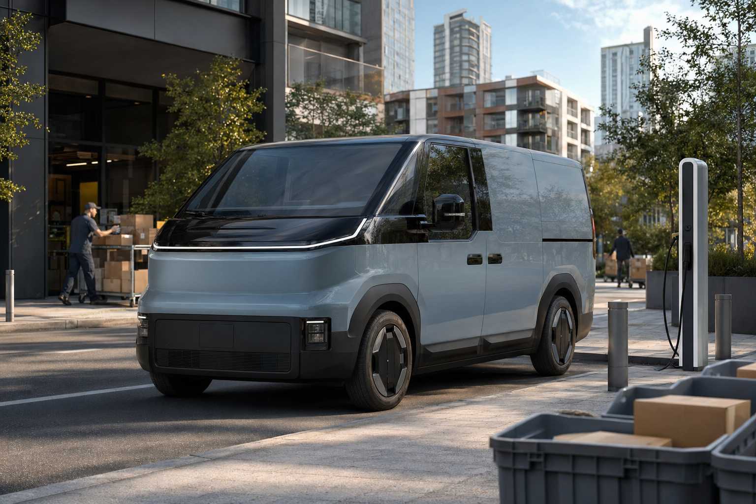Custom editorial illustration of a compact modular electric van inspired by the Kia PV5 segment in an urban delivery setting