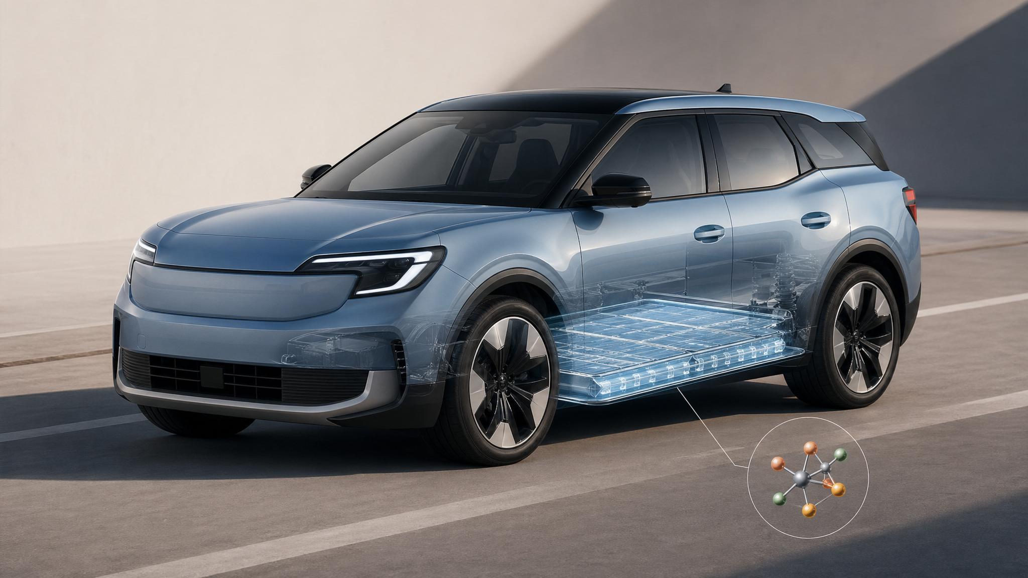 Generated editorial illustration of a modern electric crossover with a visible battery-pack graphic representing LFP battery technology