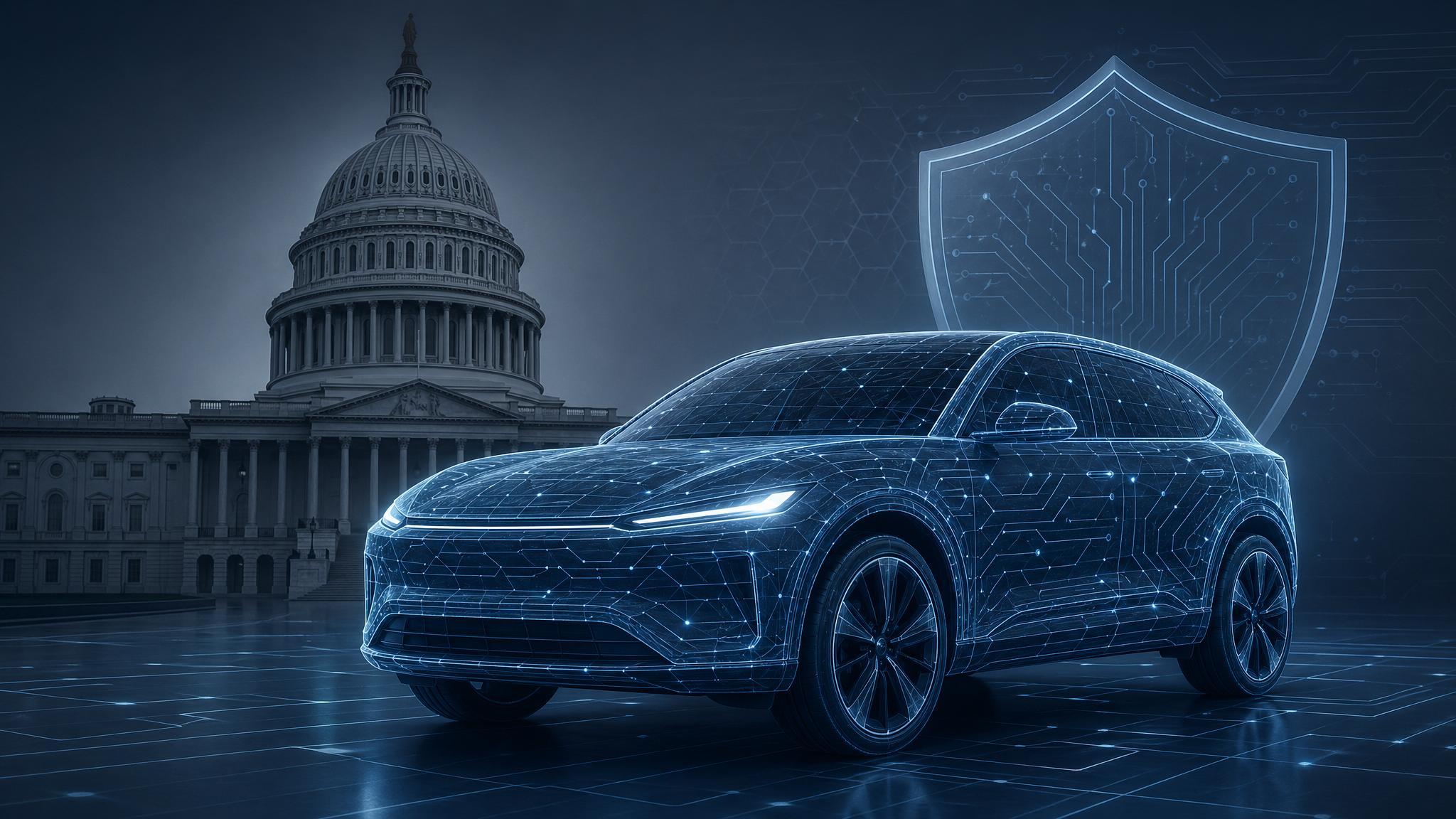 Illustration of a connected vehicle silhouette, digital security shield, and U.S. Capitol outline