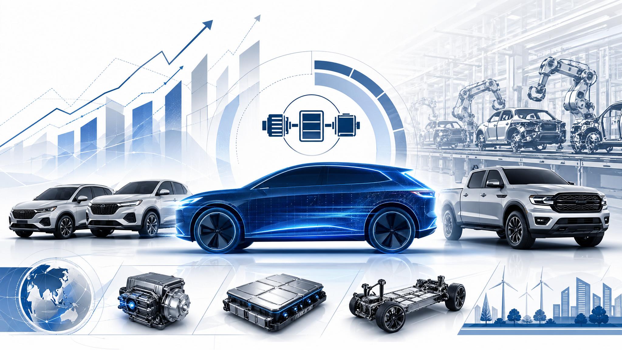 Generated editorial illustration of electric, hybrid, and truck silhouettes representing Stellantis' customer-choice product reset
