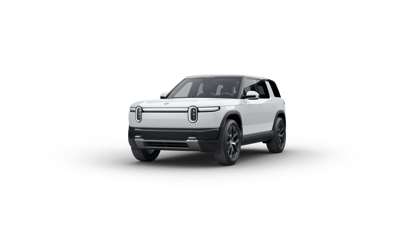 Official Rivian image of the R2 electric SUV from the front three-quarter angle