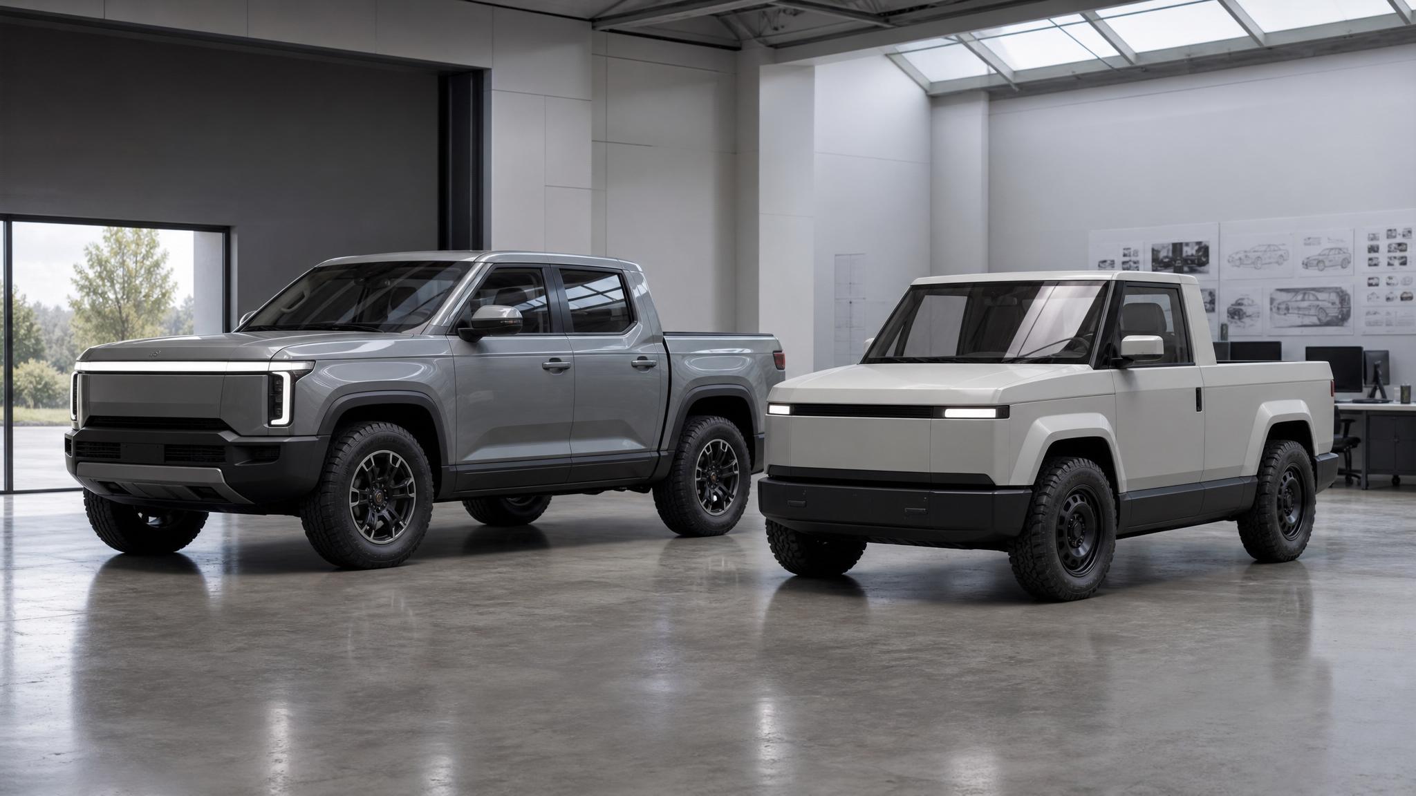 Generated editorial image showing two unbranded compact electric pickup silhouettes in a development studio