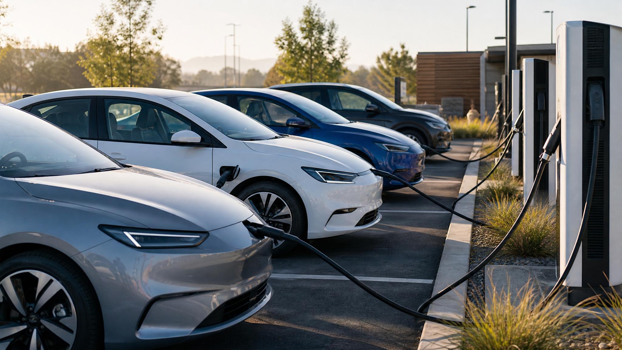 Generated editorial image of several unbranded electric vehicles charging at a public fast-charging plaza