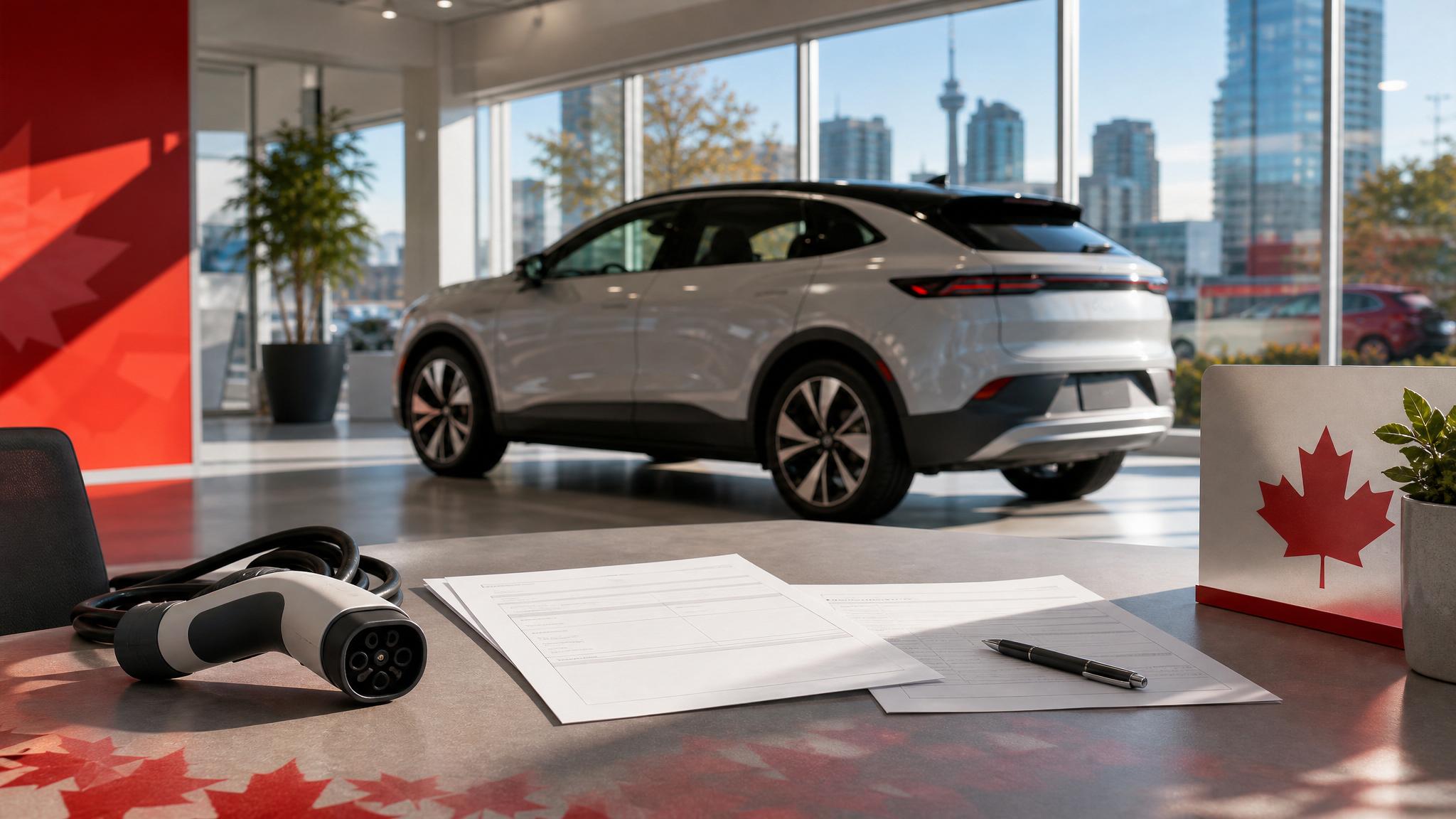 Generated editorial image of a Canadian EV rebate desk with an electric crossover silhouette and charging plug