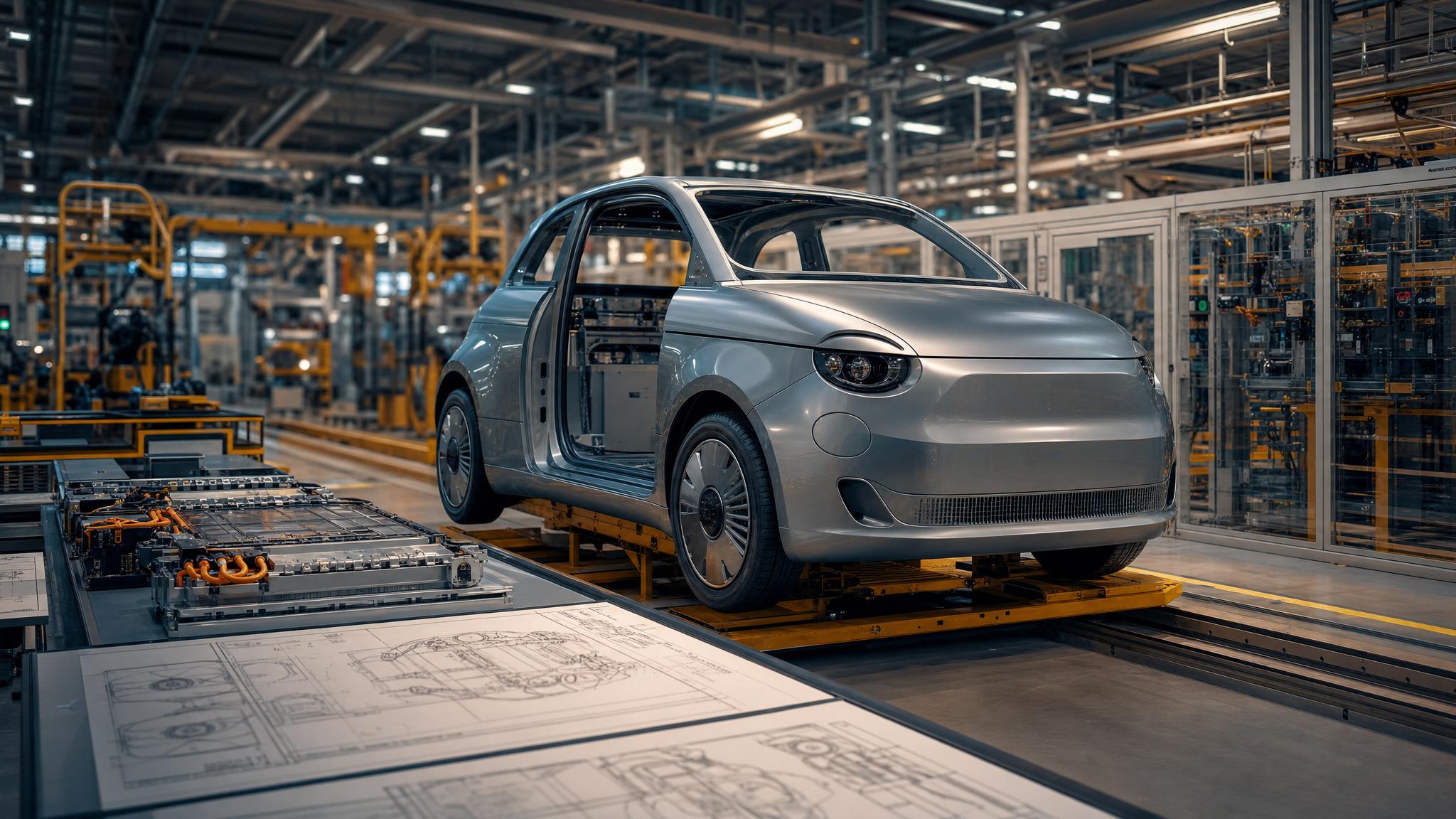 Generated editorial image of a compact European electric city car concept on a factory assembly line