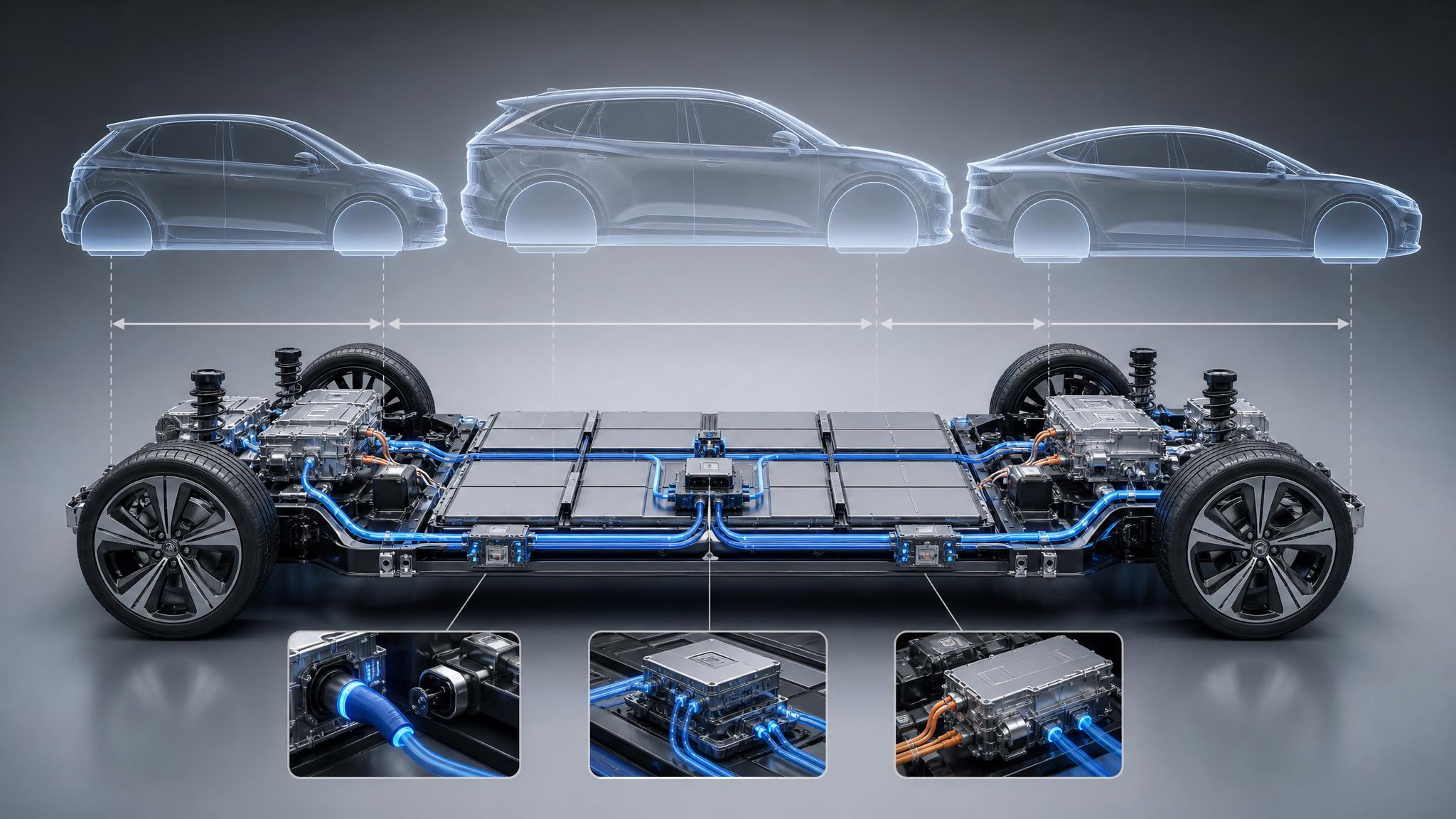 Generated editorial illustration of a modular EV platform with battery, charging, and software hardware layers