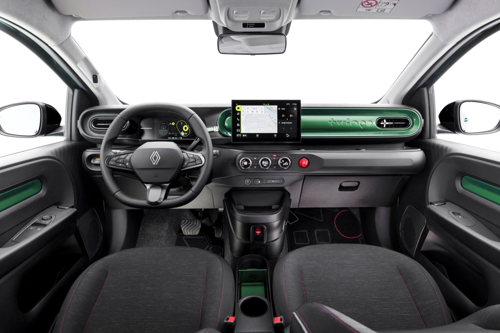 Renault Twingo E-Tech electric interior with digital display and green dashboard accents