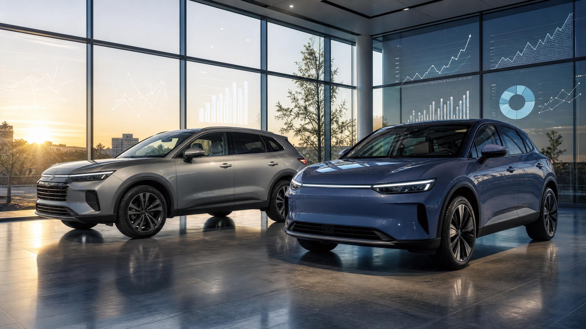 Generated editorial image of unbranded hybrid and electric crossovers in a dealership with market charts reflected in the glass