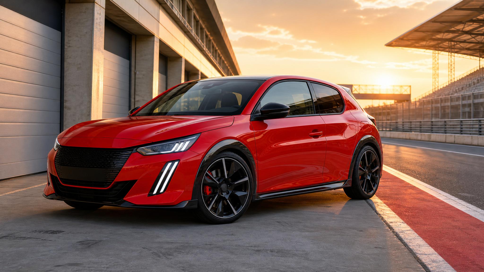 Illustrative rendering of a red compact electric hot hatch inspired by the Peugeot E-208 GTi