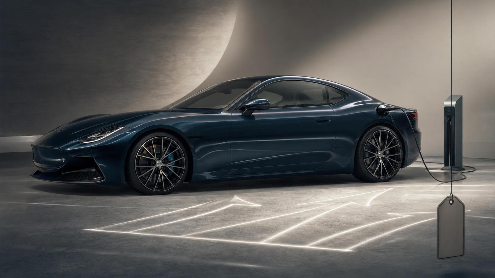 Editorial illustration of a luxury electric grand tourer representing Maserati Folgore price cuts