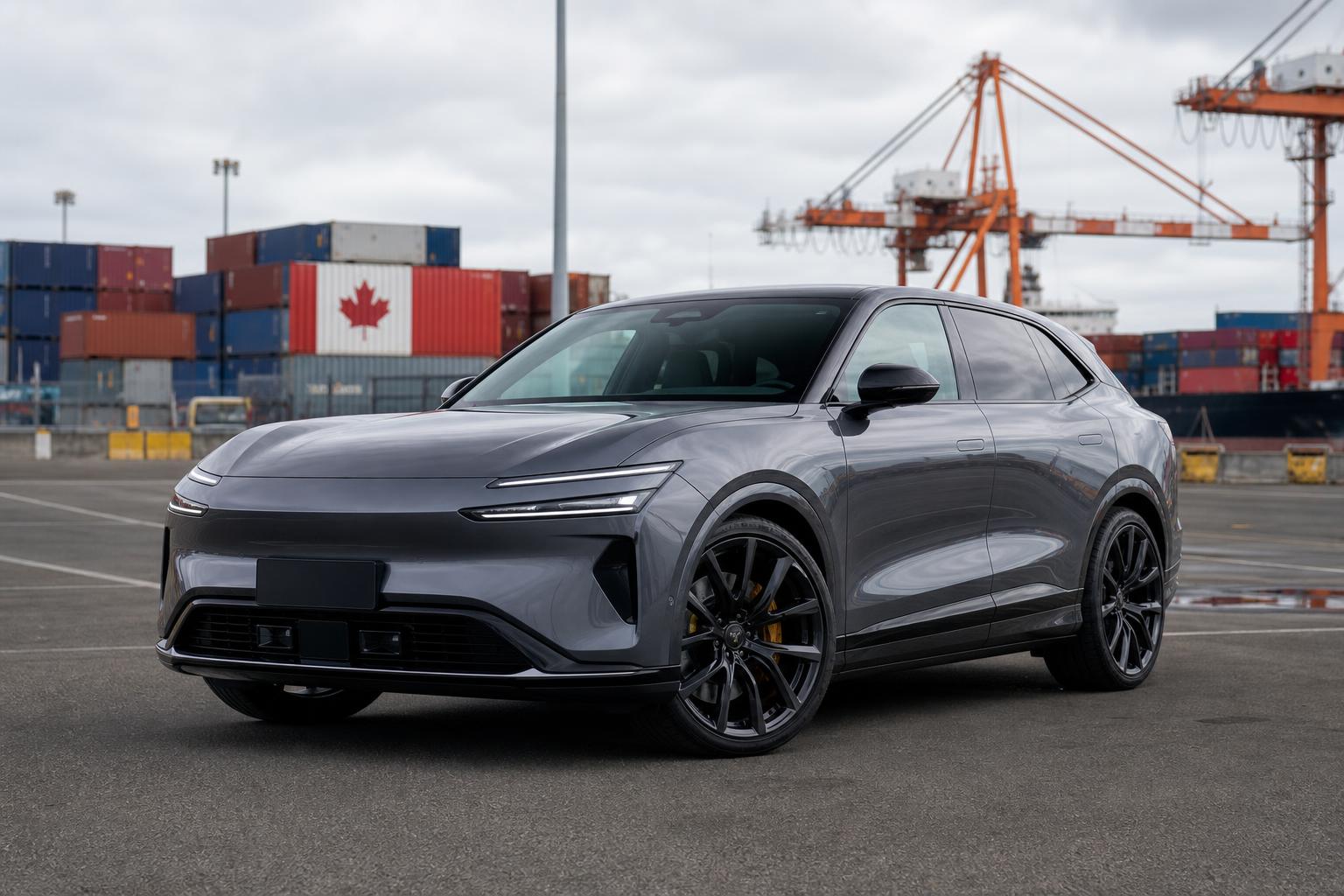 Generated editorial illustration of a premium electric SUV near Canadian port containers