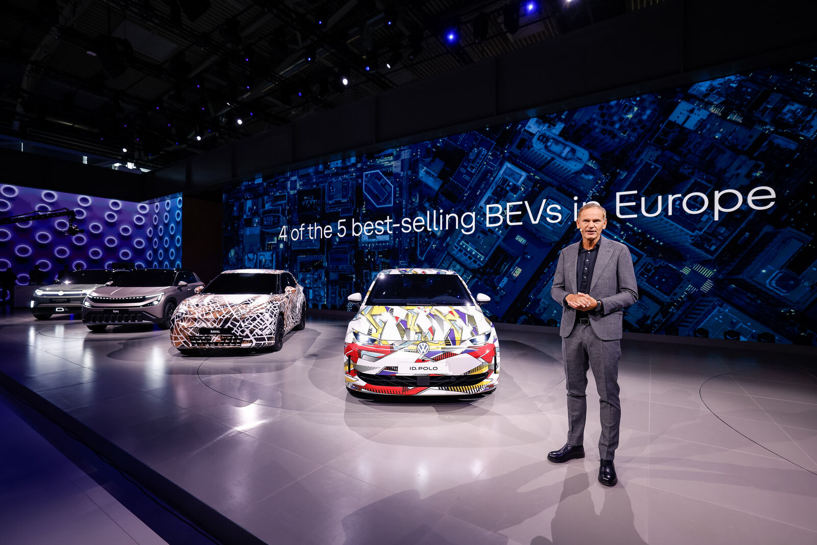 Volkswagen ID. Polo, Cupra Raval and Skoda Epiq displayed on stage