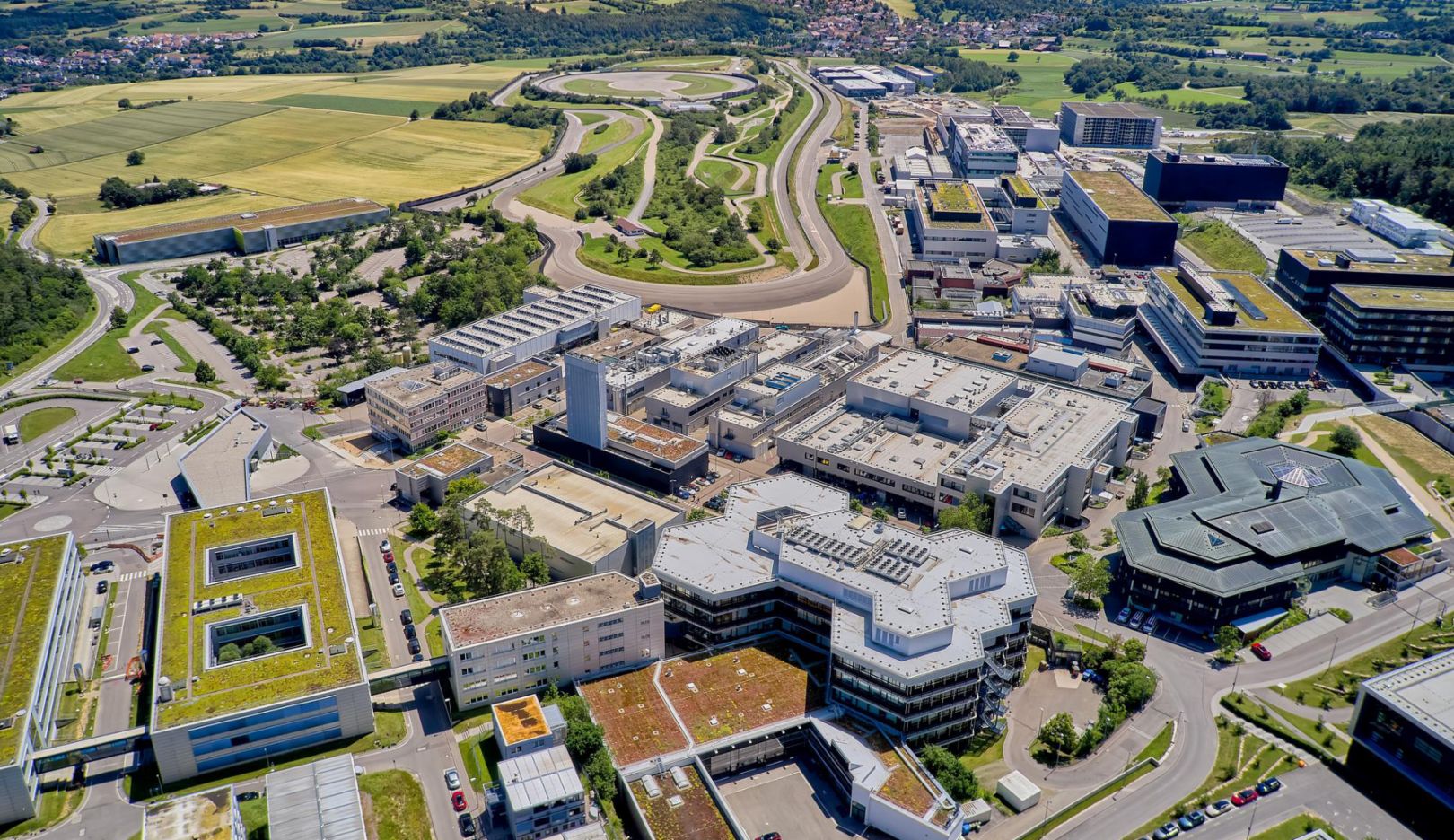 Aerial view of Porsche's Weissach development centre and test tracks
