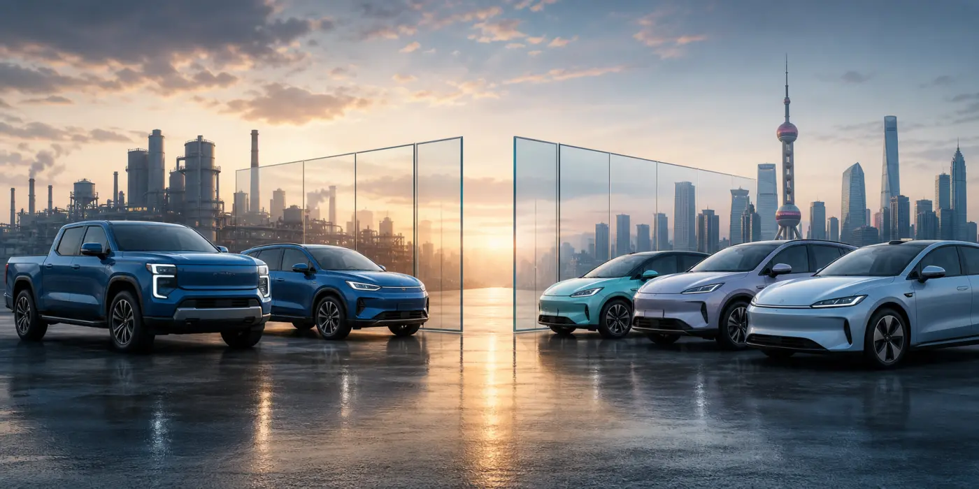 Editorial illustration of American electric vehicles facing a group of Chinese electric vehicles across a transparent trade barrier