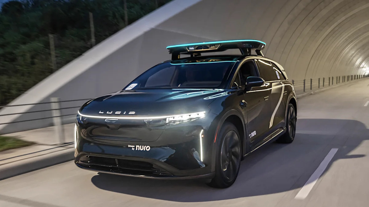 Lucid Gravity robotaxi equipped with Nuro autonomous-driving sensor hardware