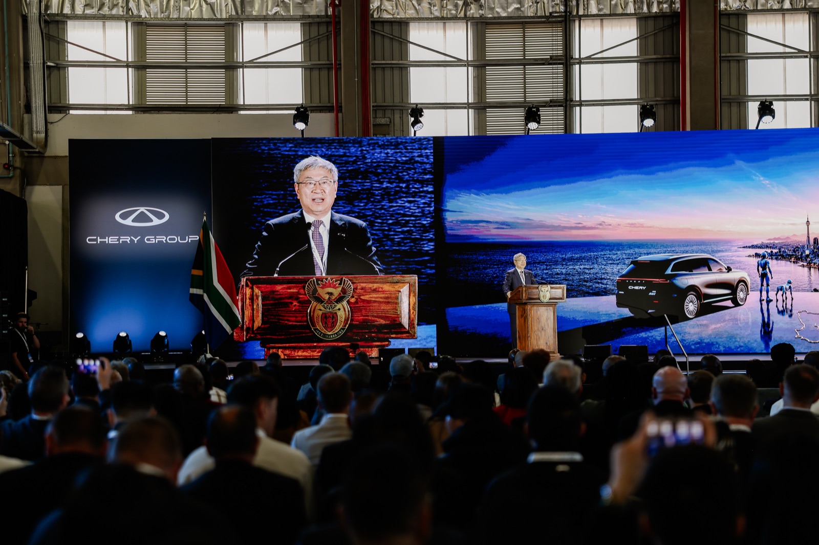 Chery chairman Yin Tongyue speaking at the Rosslyn plant ceremony