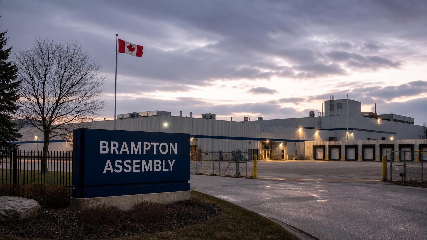 Editorial illustration of a quiet automotive assembly plant in Brampton, Ontario