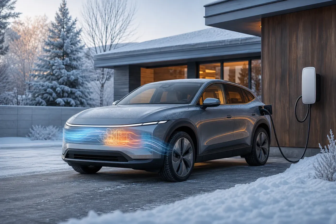 Generated editorial illustration of an electric crossover charging outside a Canadian home in winter with a thermal-energy visualization
