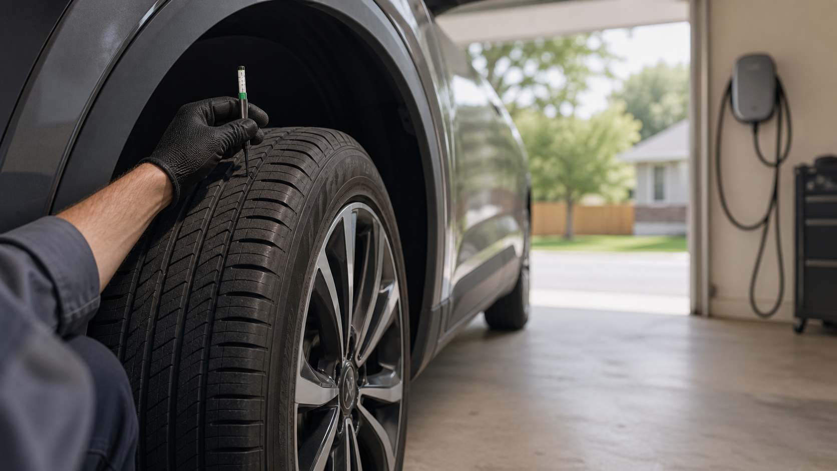 Generated editorial image of an electric crossover tire being checked with a tread-depth gauge in a garage