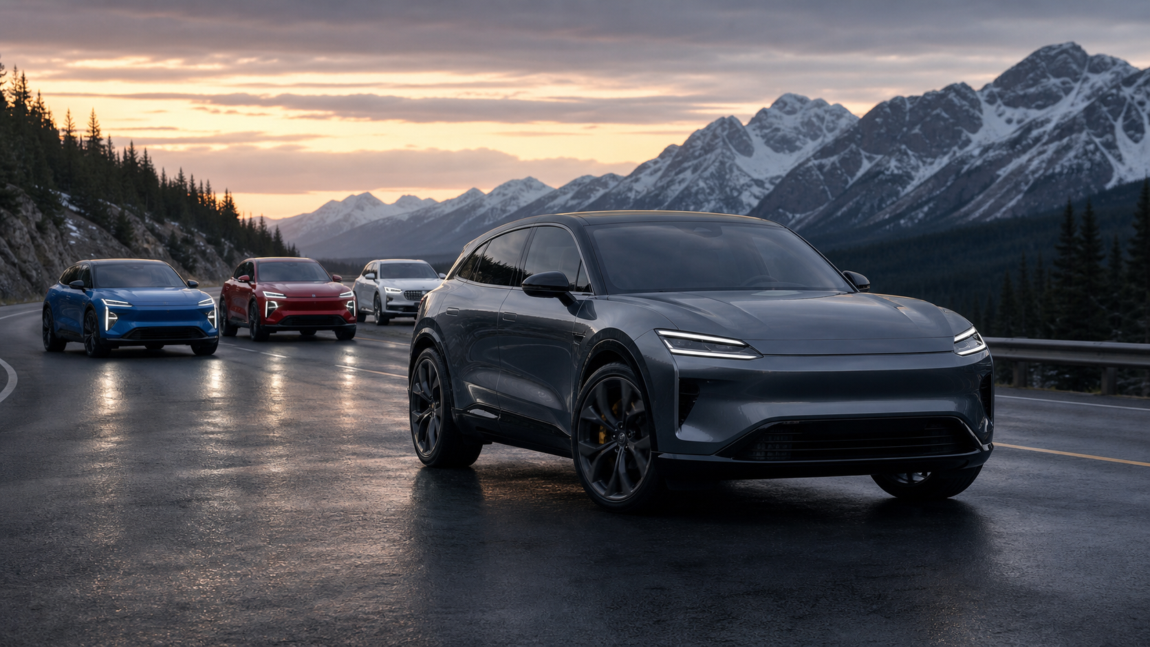 Generated editorial illustration of a dark performance electric crossover leading several rival SUVs on a Canadian mountain road