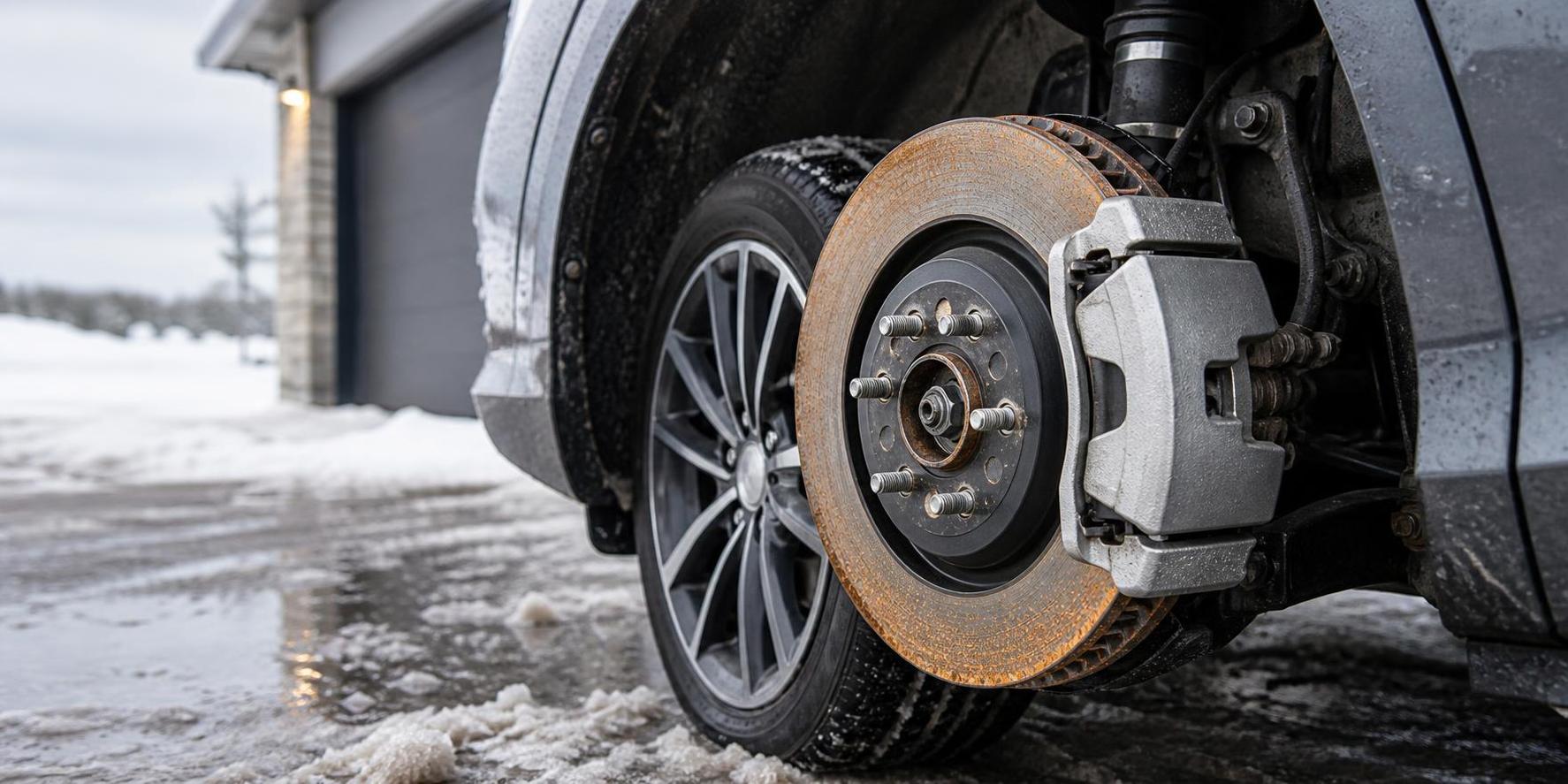 Generated editorial image of light surface rust on an electric vehicle brake rotor after winter driving