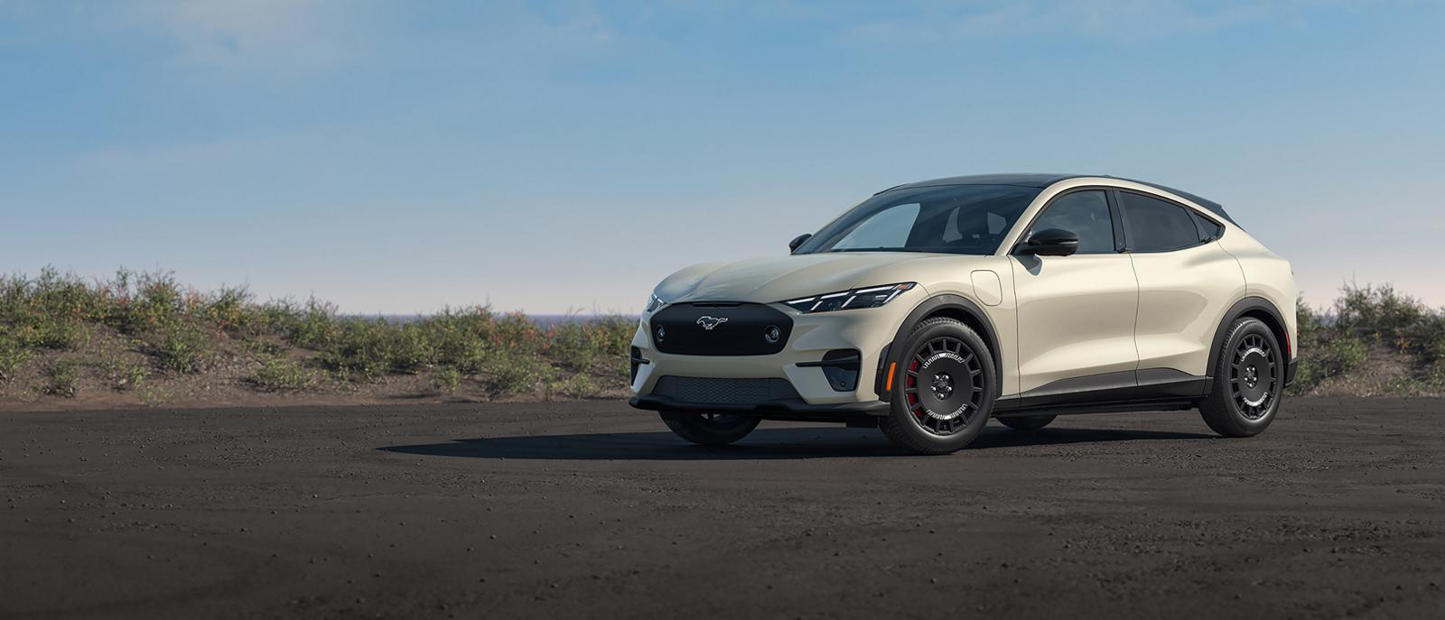 Official Ford Canada image of a sand-coloured 2026 Mustang Mach-E Rally