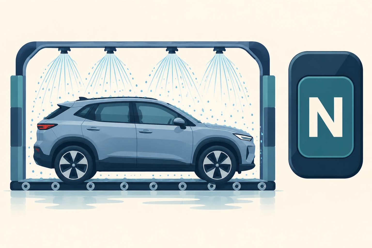 Conceptual illustration of an unbranded electric crossover on a car-wash conveyor beside a neutral gear indicator