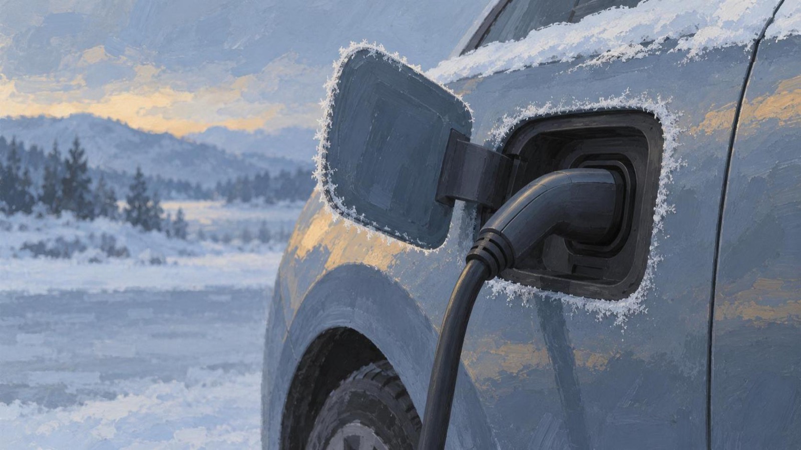 AI-created painted illustration of an intact charging cable connected to an unbranded EV with frost around the open charge door