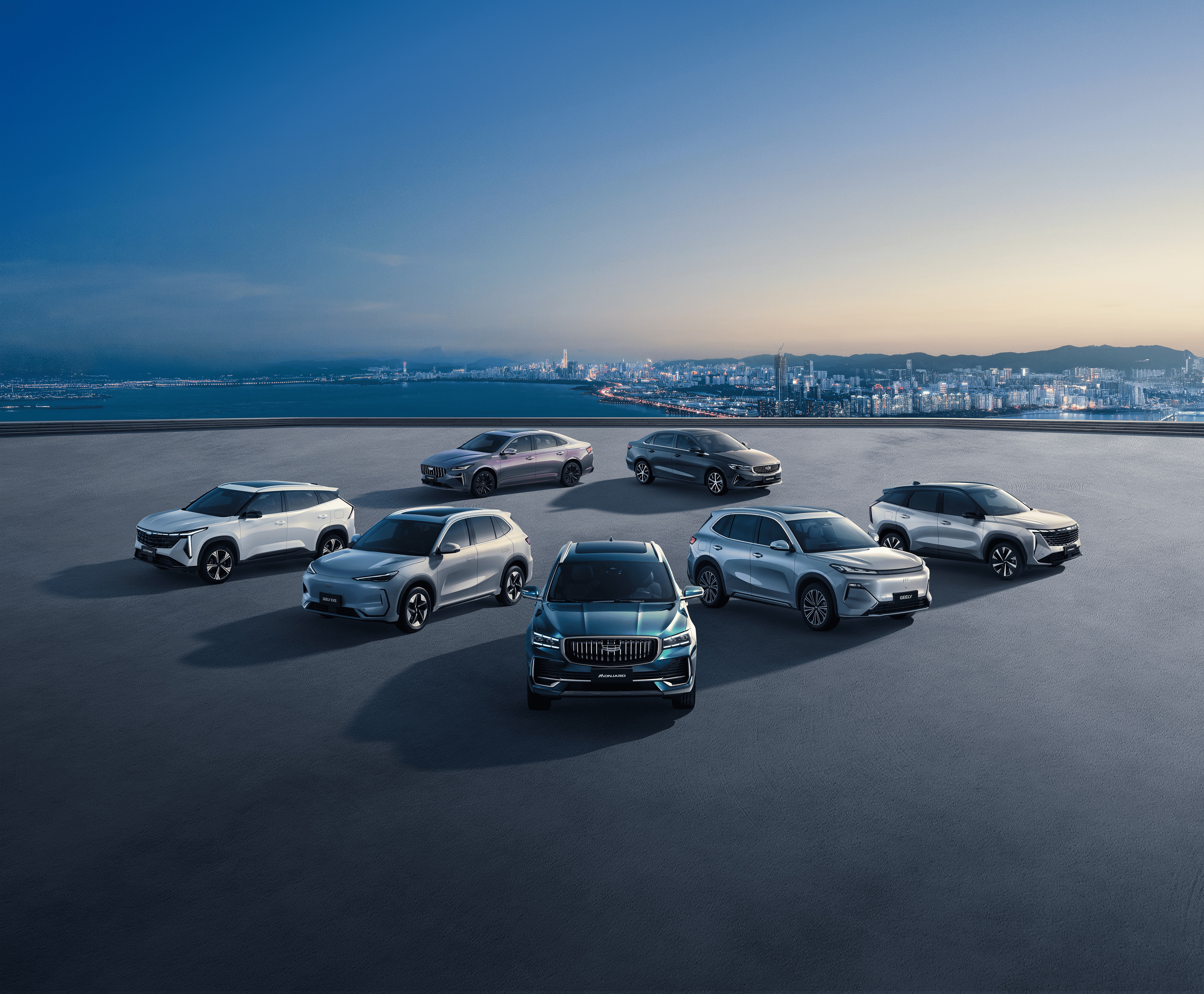 Official Geely promotional image of its global vehicle lineup, not a confirmed Canadian launch lineup