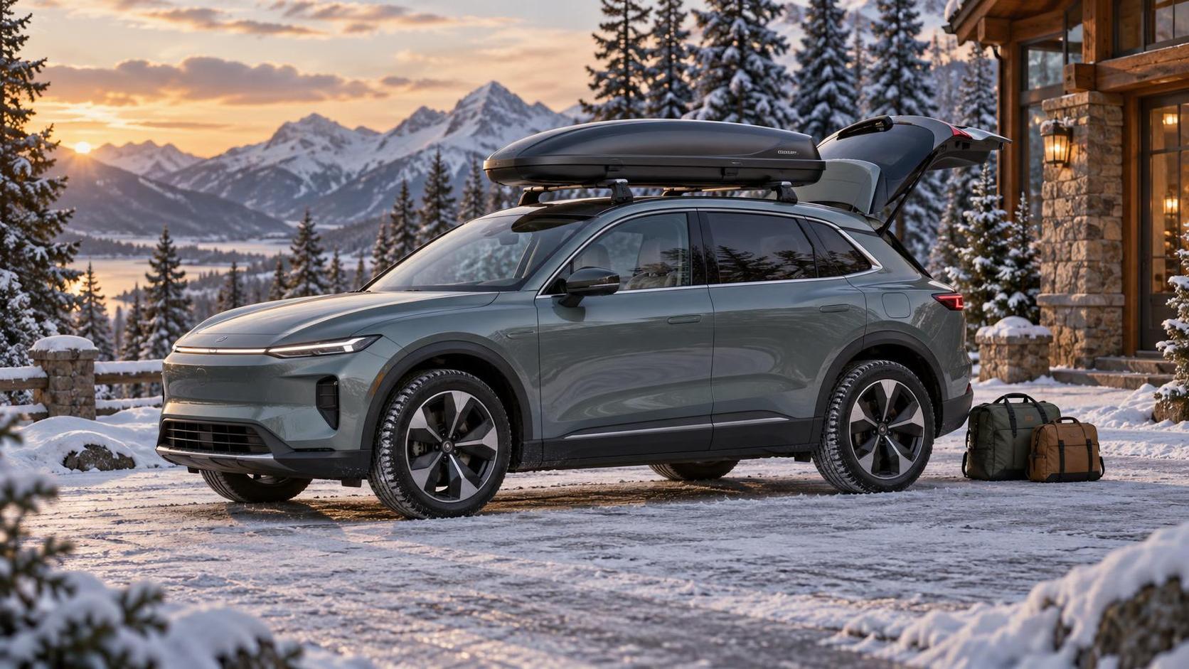 AI-generated editorial illustration of an unbranded electric crossover carrying a closed roof cargo box beside a snowy lodge