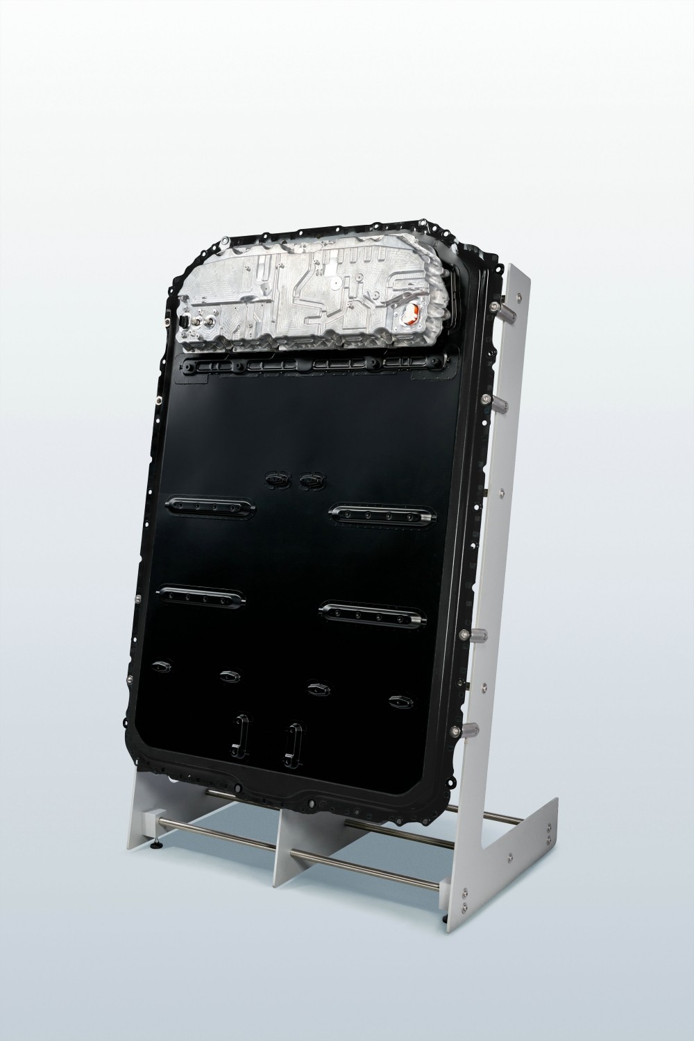 BMW Gen6 high-voltage battery pack displayed vertically on a stand