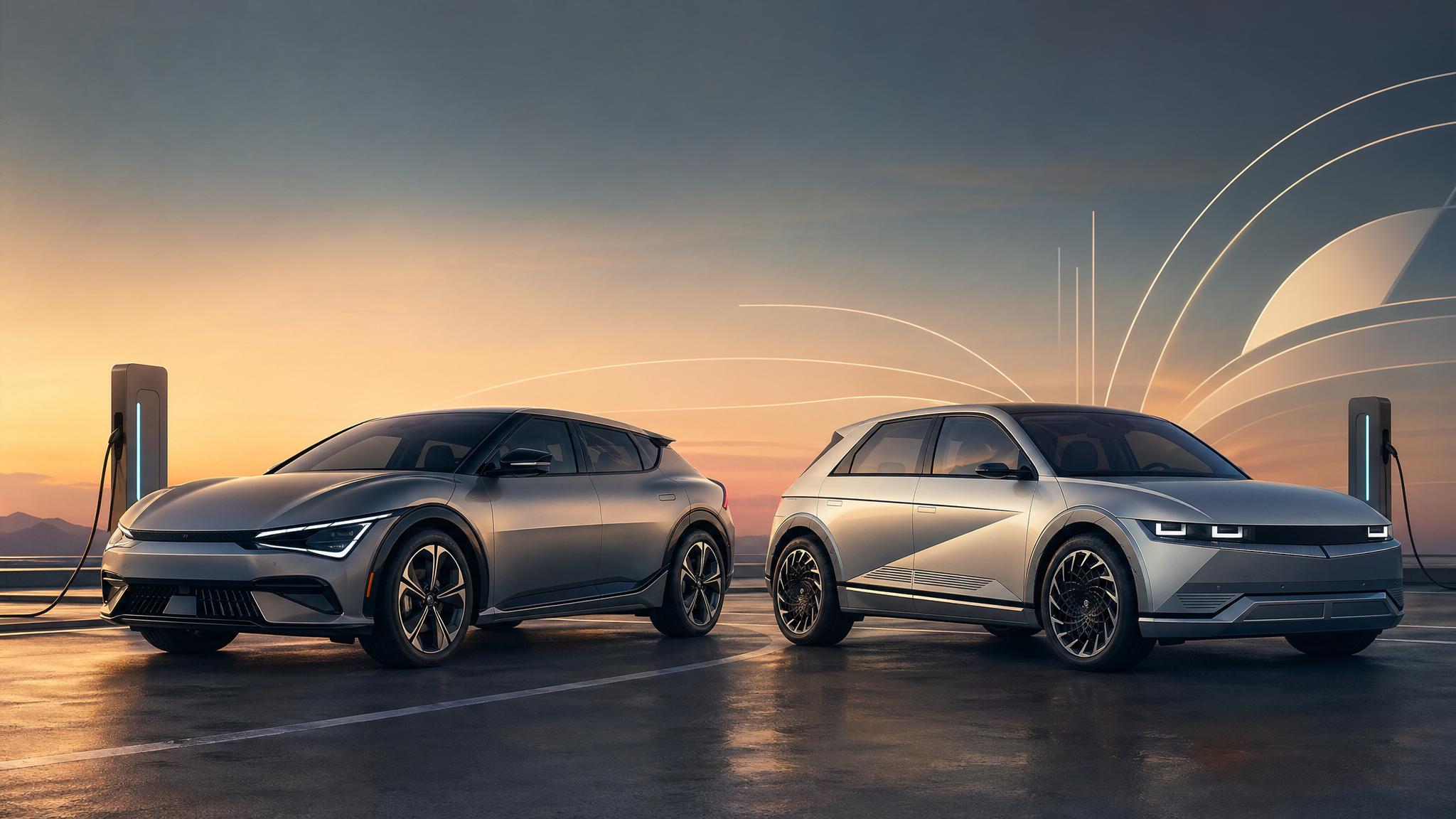 Generated editorial illustration of two modern electric crossovers representing the Kia EV6 and Hyundai IONIQ 5 comparison