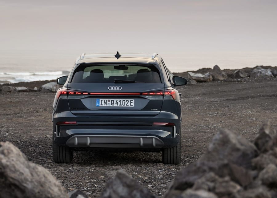 Audi Q4 SUV e-tron rear view parked on rocky terrain