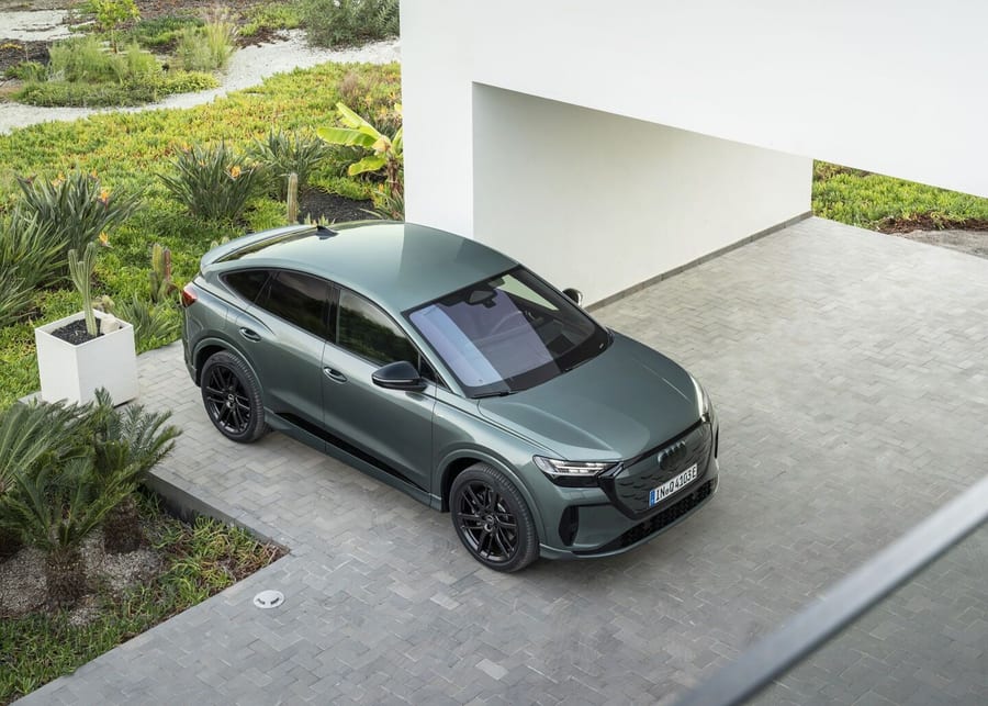 Audi Q4 Sportback e-tron overhead front three-quarter view