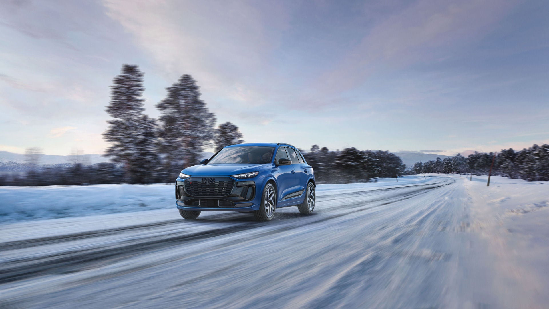 2027 Audi SQ6 e-tron official front three-quarter driving image