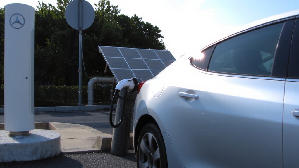 Electric car charging at a modern fast charging station at night