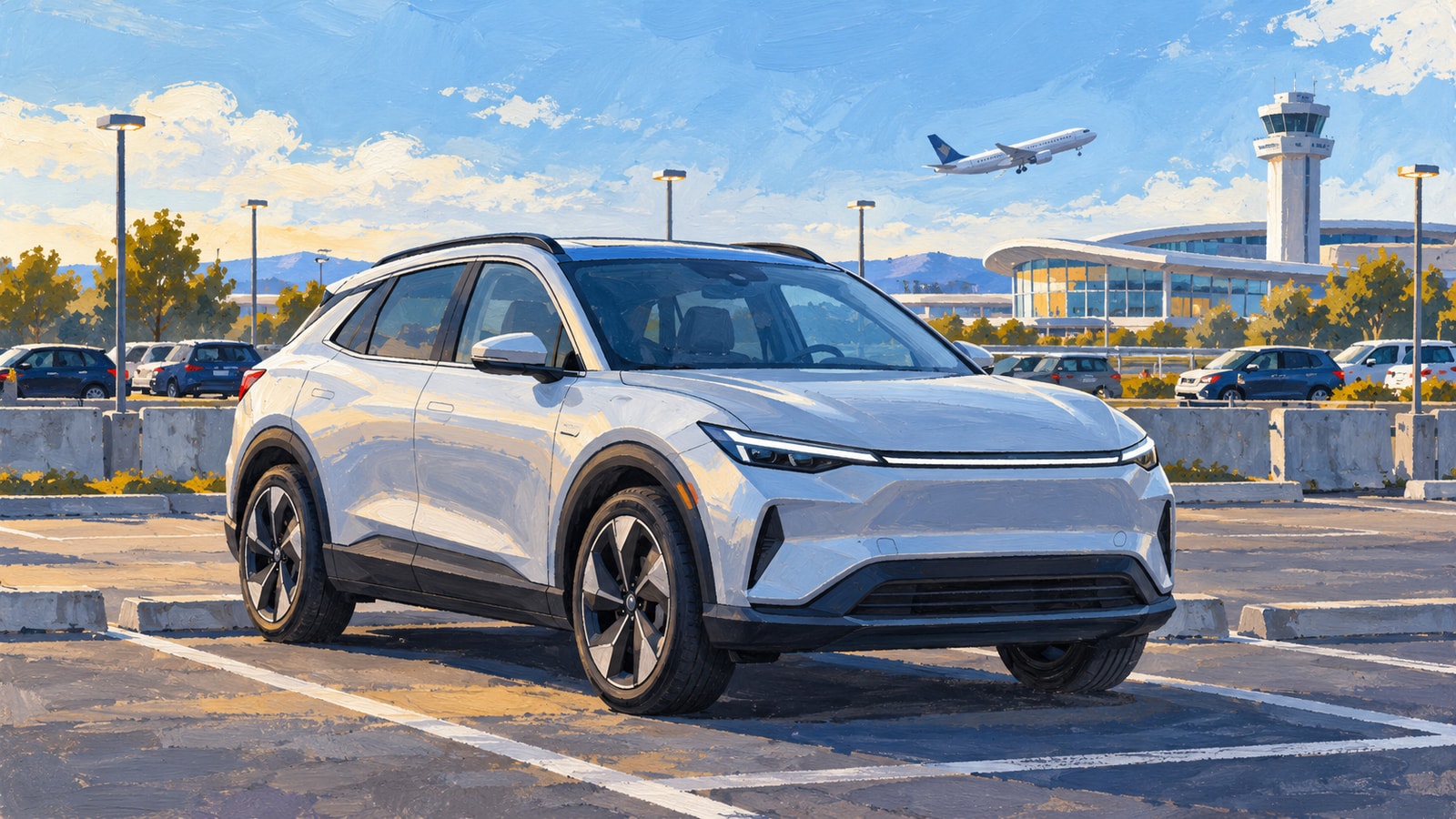 AI-created editorial illustration of an unplugged unbranded EV parked near an airport terminal