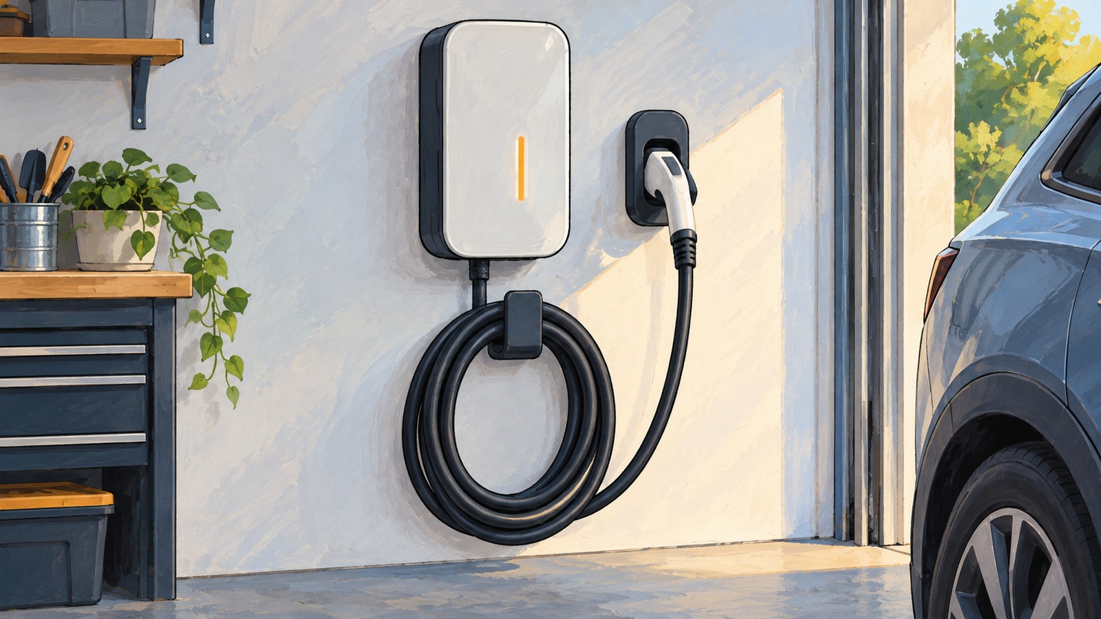 AI-created editorial illustration of a wall-mounted home EV charger with its integral cable coiled on a holder