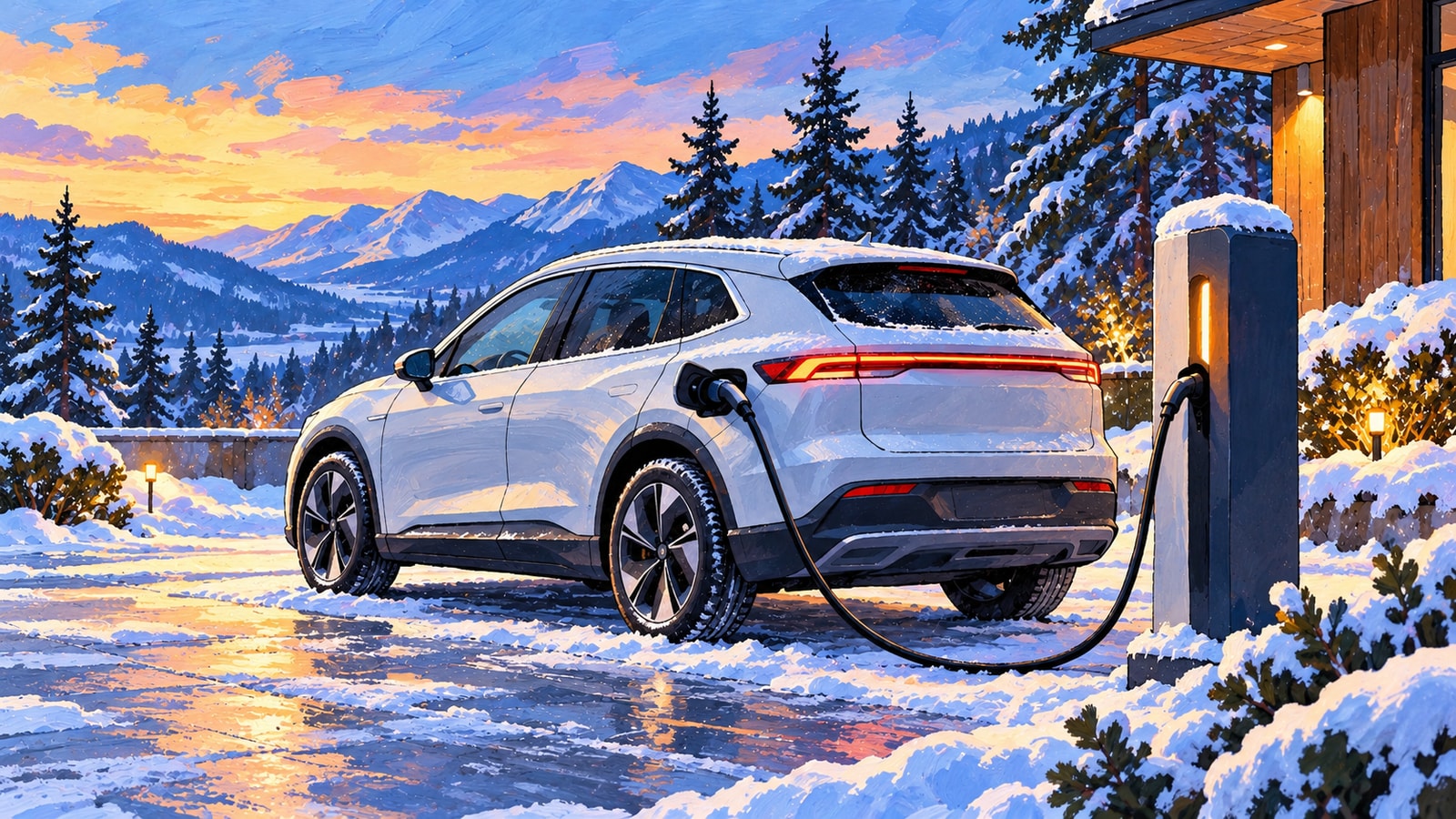 AI-created editorial illustration of an unbranded EV connected to an outdoor charger in snowy conditions