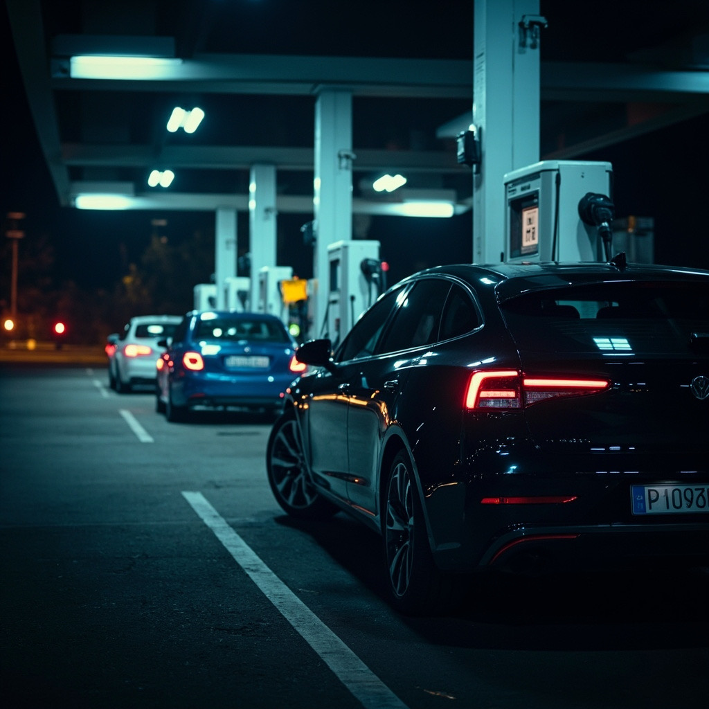 EV charging station with holiday travelers
