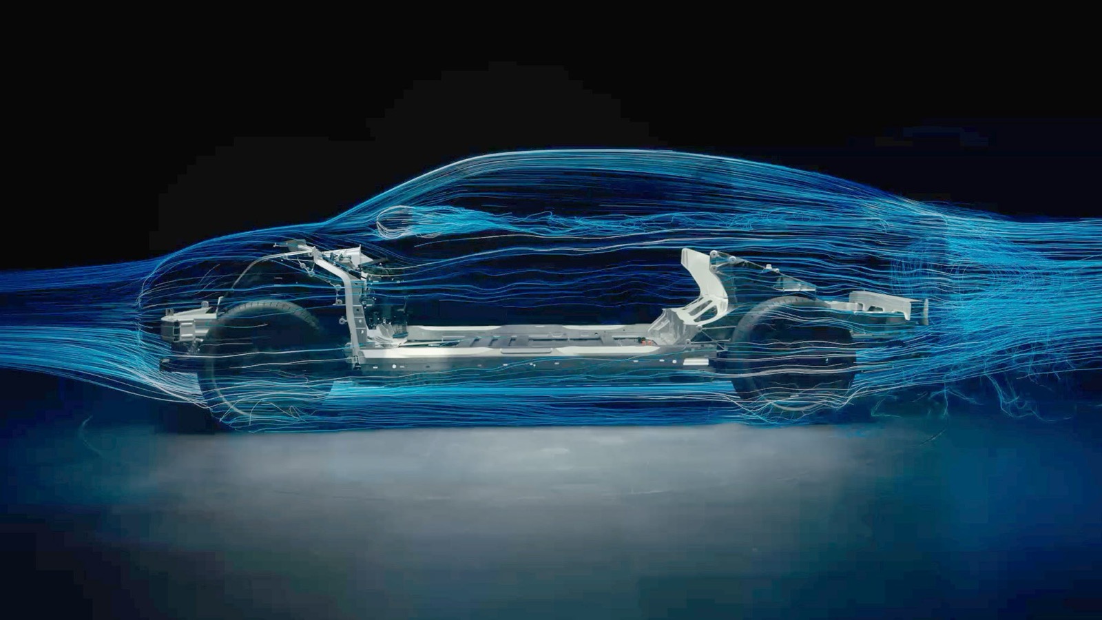 Ford Universal EV chassis visualization with airflow lines over a pickup-like silhouette