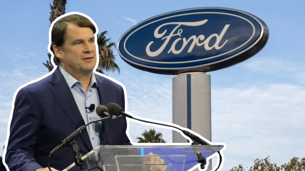 Ford logo alongside Tesla charging station, representing contrasting auto industry strategies
