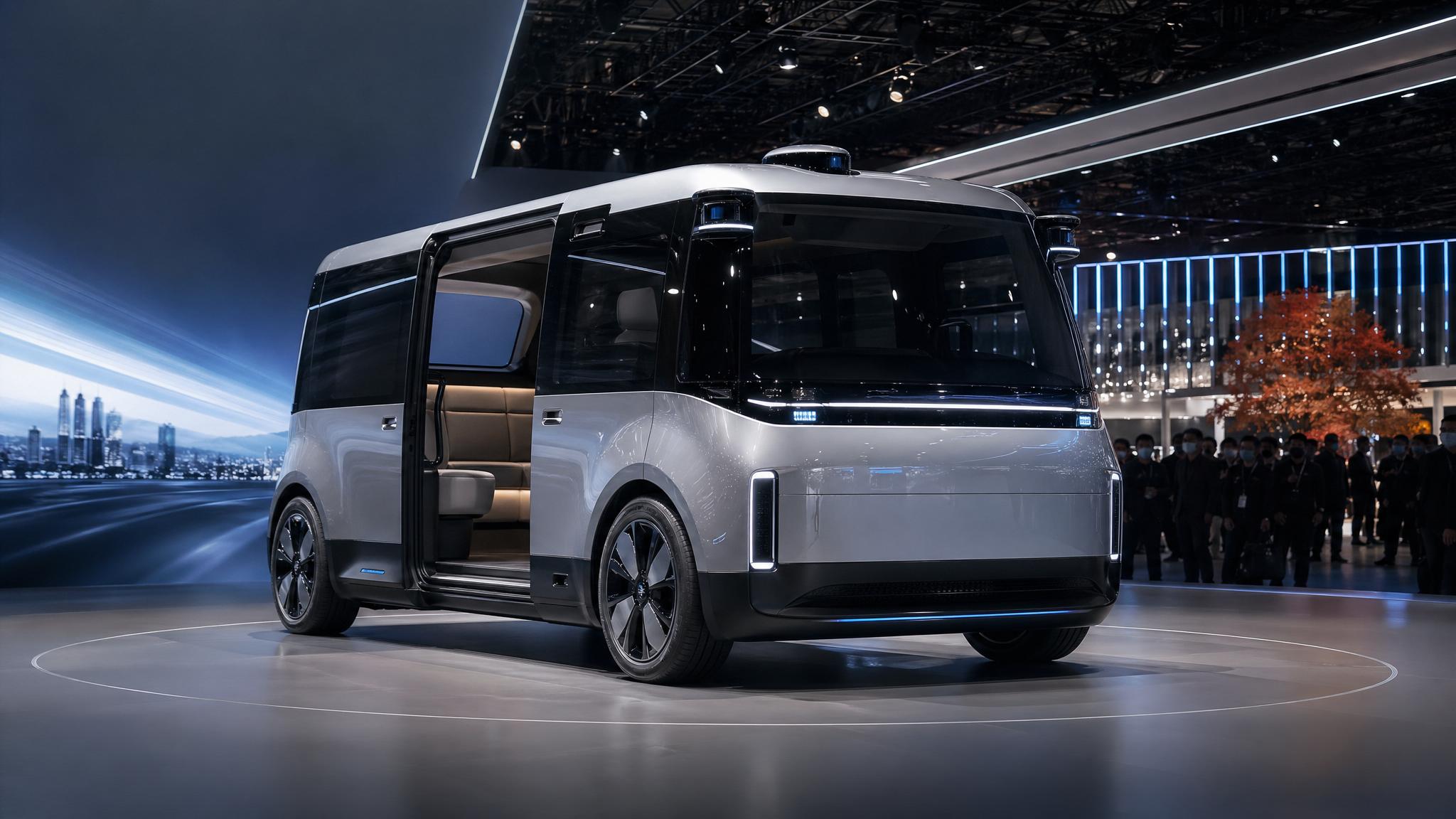 Editorial illustration of a futuristic electric robotaxi at an auto show