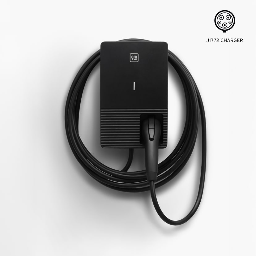 Official GM Energy product image of the PowerUp home EV charger with J1772 connector