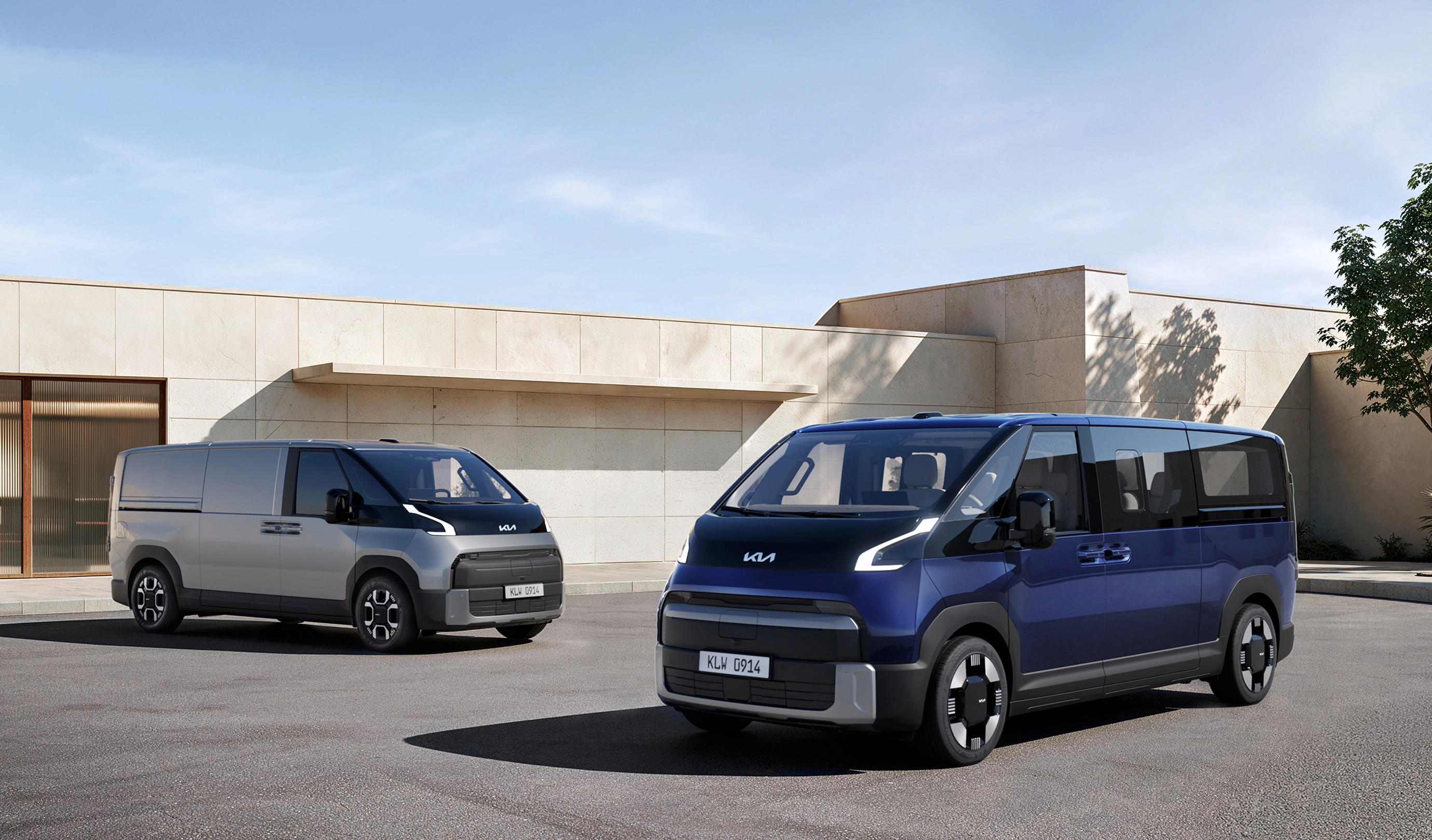Official Kia image of blue PV7 Passenger and silver PV7 Cargo electric vans