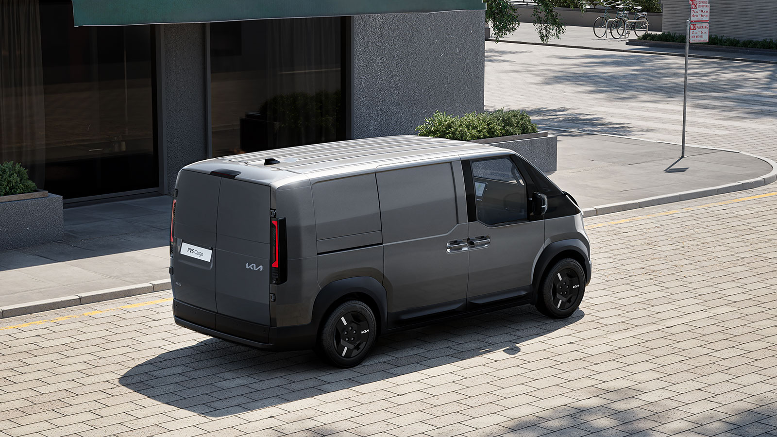 Official Kia rear three-quarter image of the compact PV5 Cargo electric van
